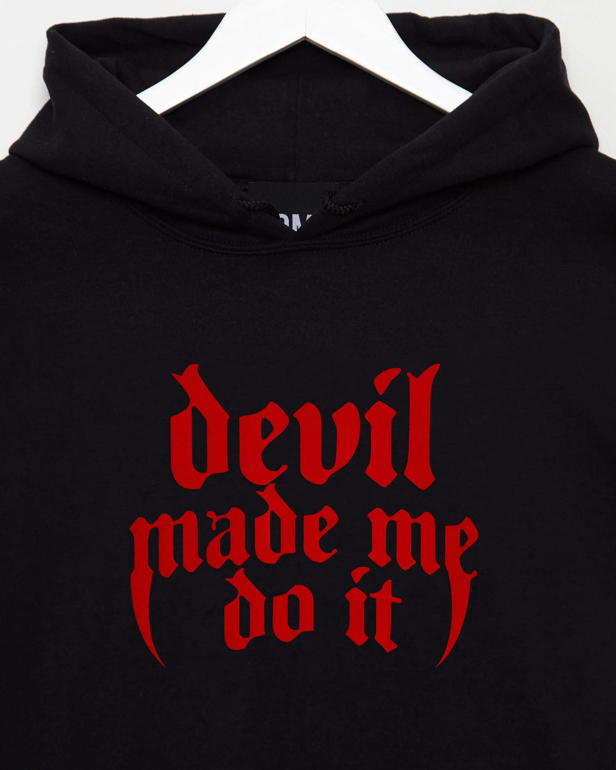 Devil made me do it, red flock on black pull over hoodie.