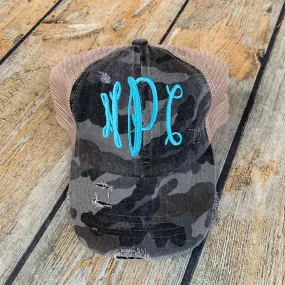 Distressed Criss-Cross Ponytail Monogram Hat