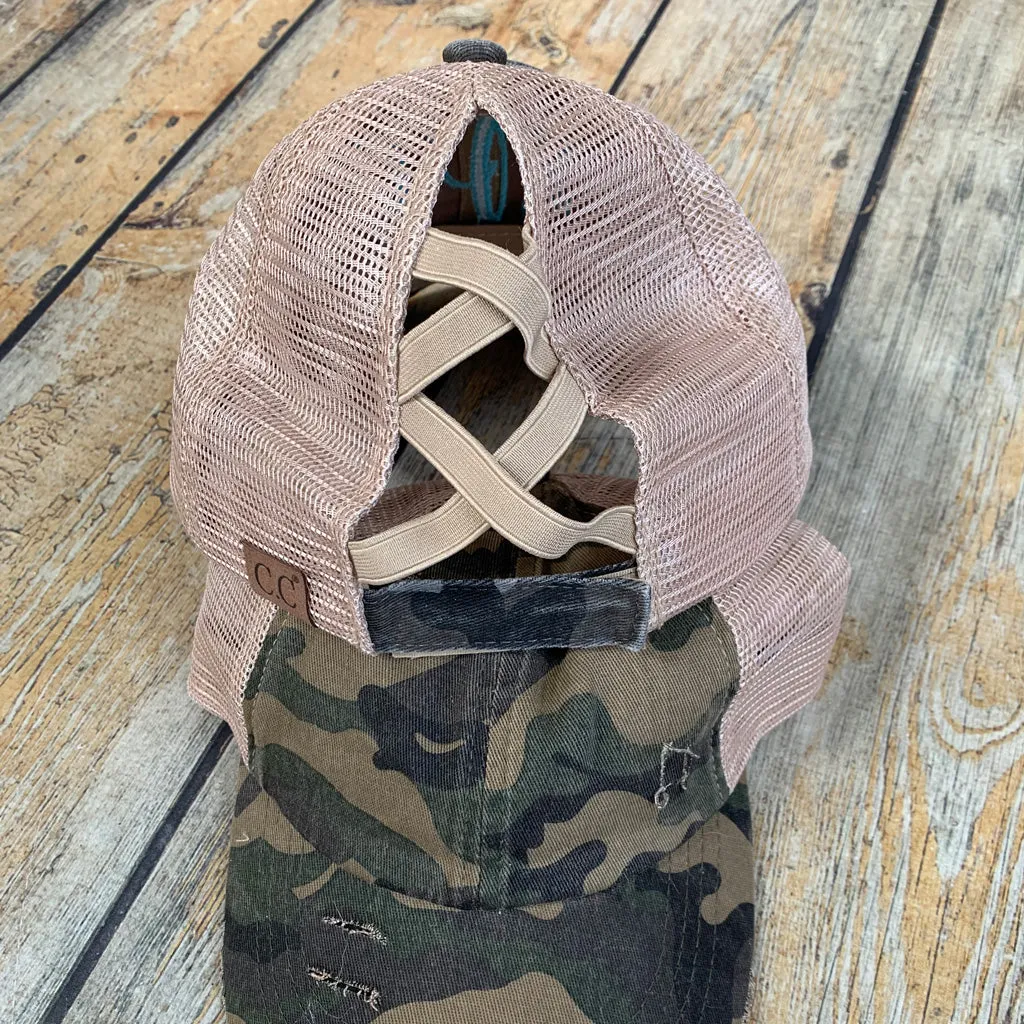 Distressed Criss-Cross Ponytail Monogram Hat