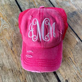 Distressed High Ponytail Monogram Hat