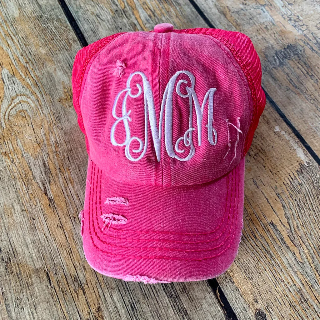 Distressed High Ponytail Monogram Hat