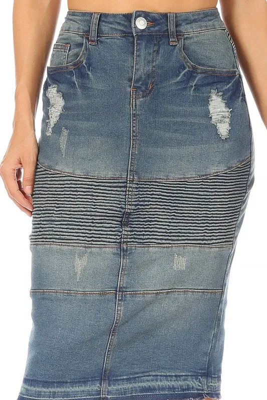 Distressed Moto Denim Skirt