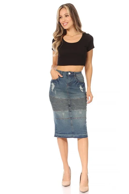 Distressed Moto Denim Skirt