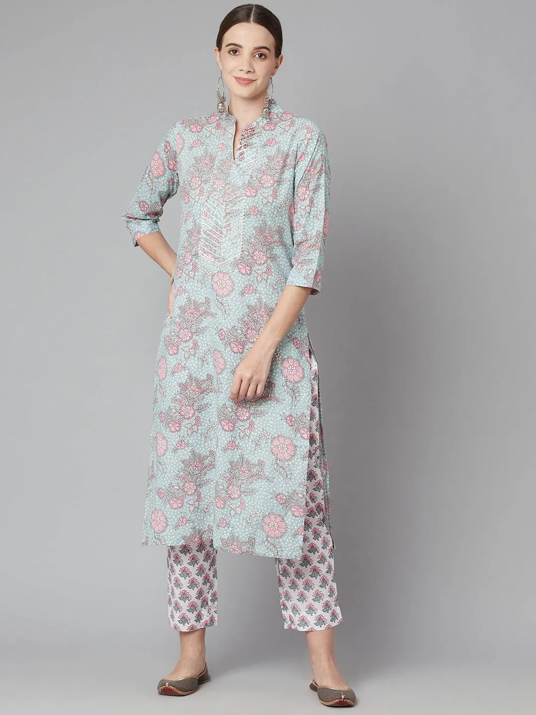 Divena Grey Pastel floral Printed Cotton kurta pant set