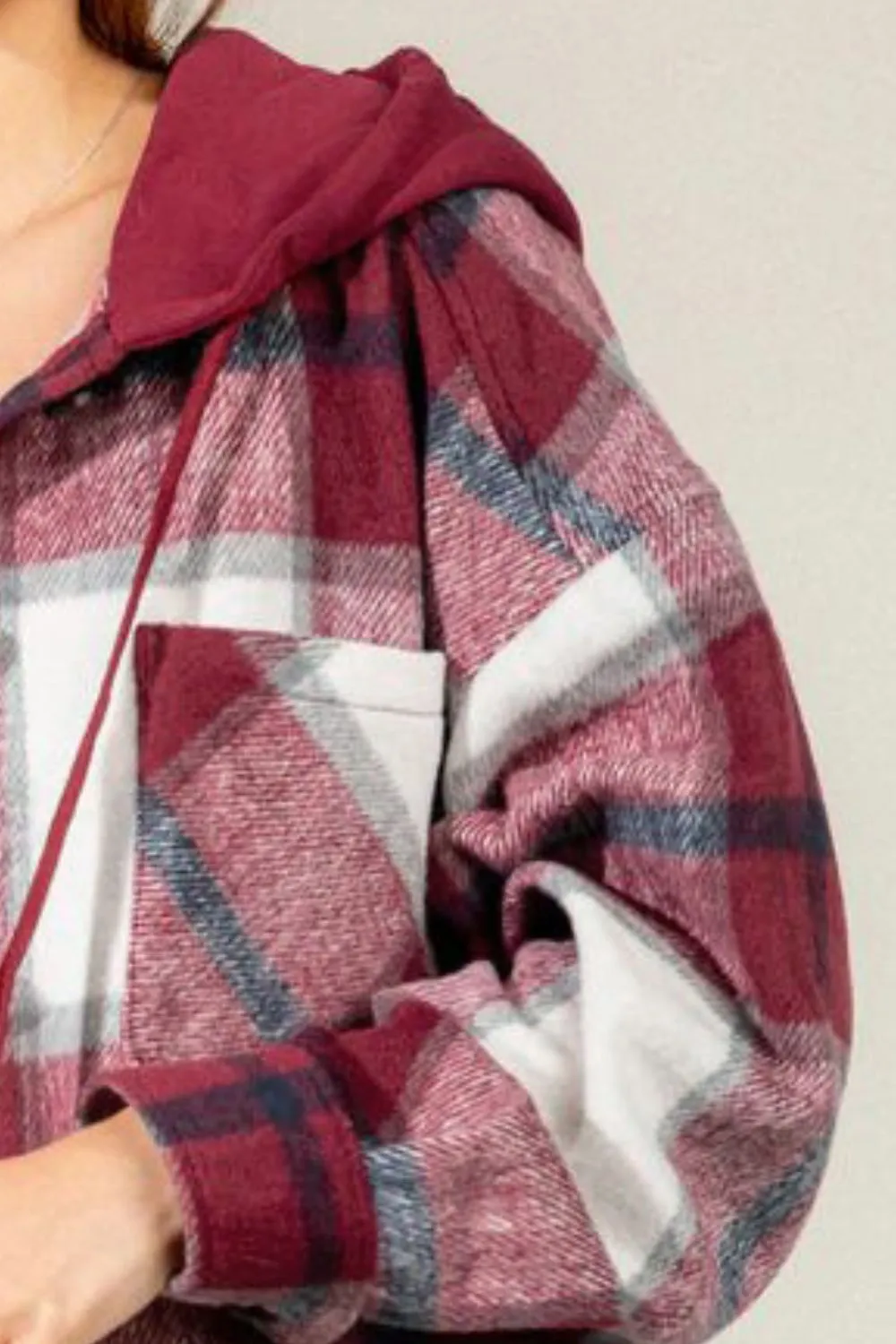 Drawstring Plaid Dropped Shoulder Hooded Shacket