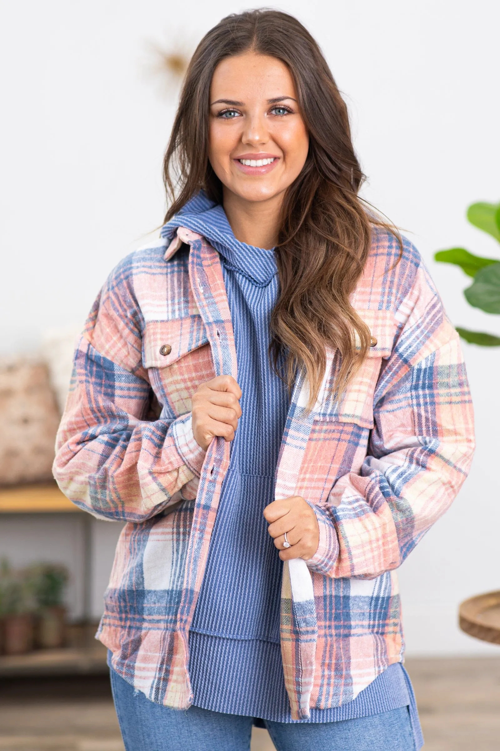 Dusty Blue and Coral Plaid Shacket