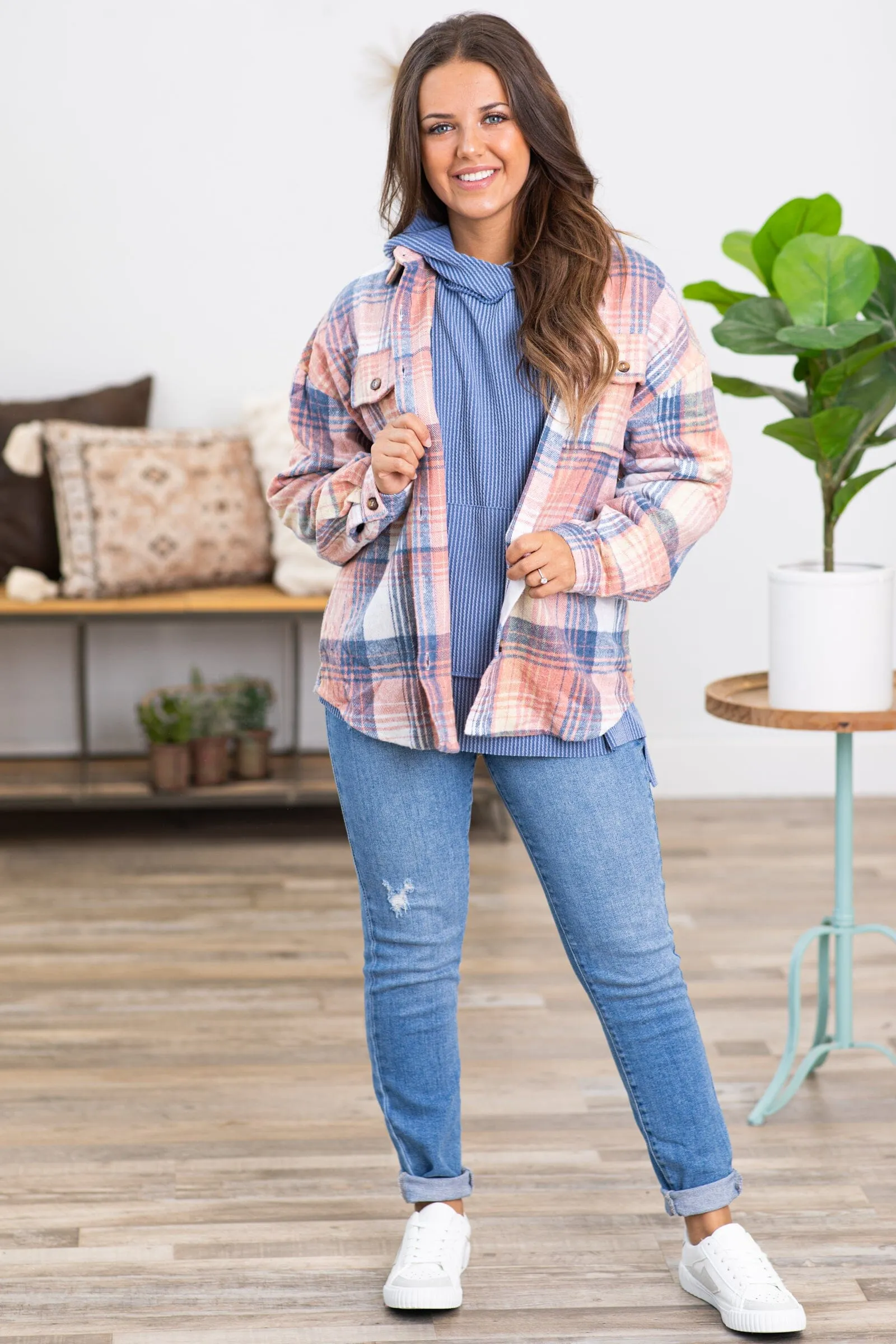 Dusty Blue and Coral Plaid Shacket