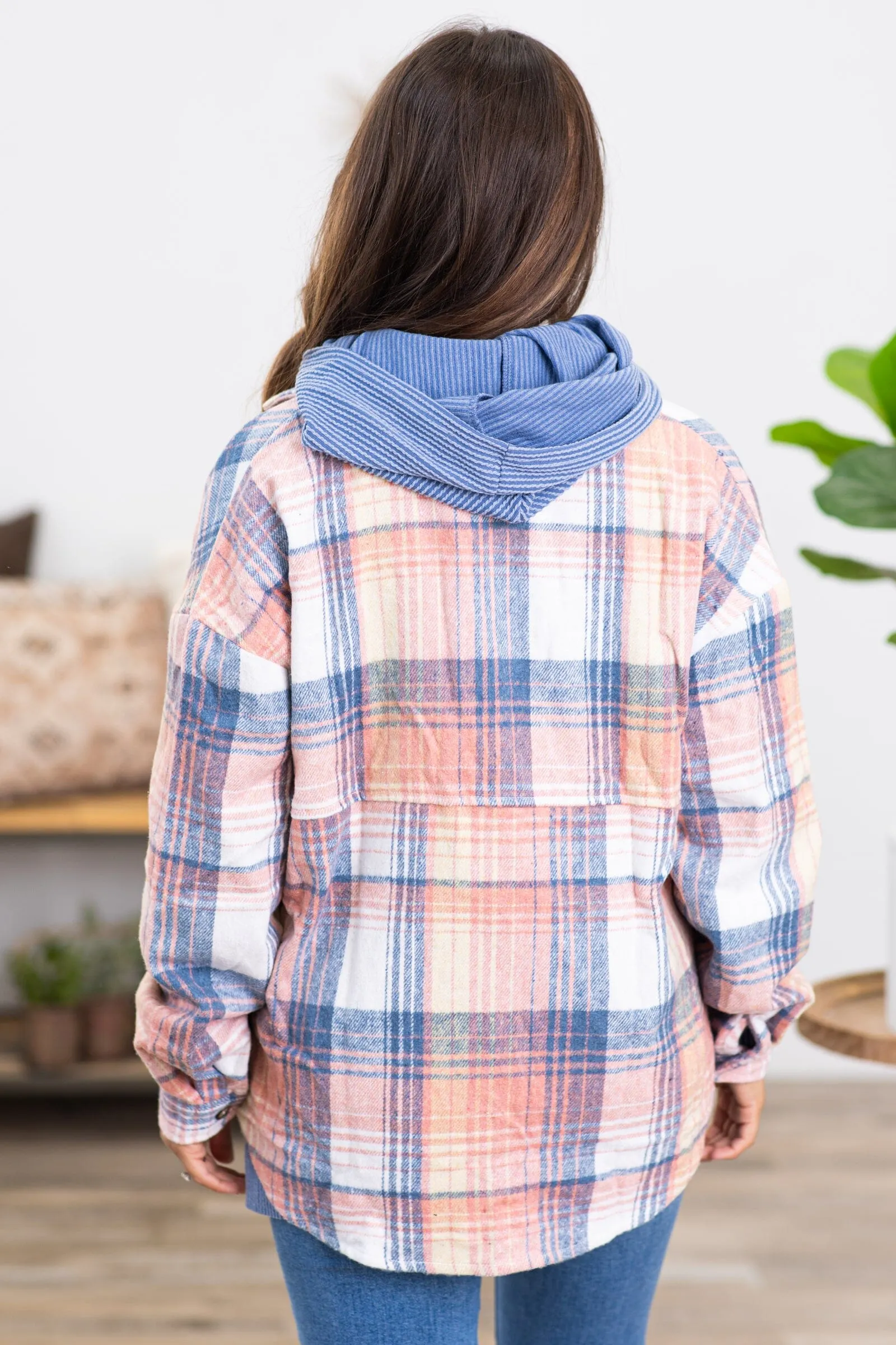 Dusty Blue and Coral Plaid Shacket