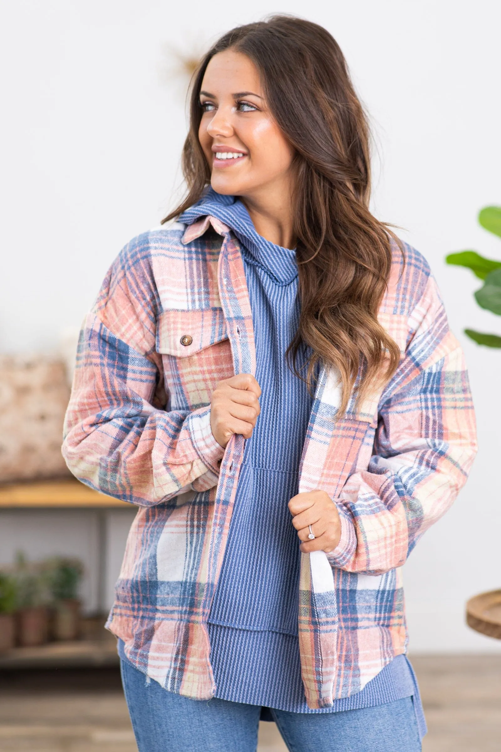 Dusty Blue and Coral Plaid Shacket