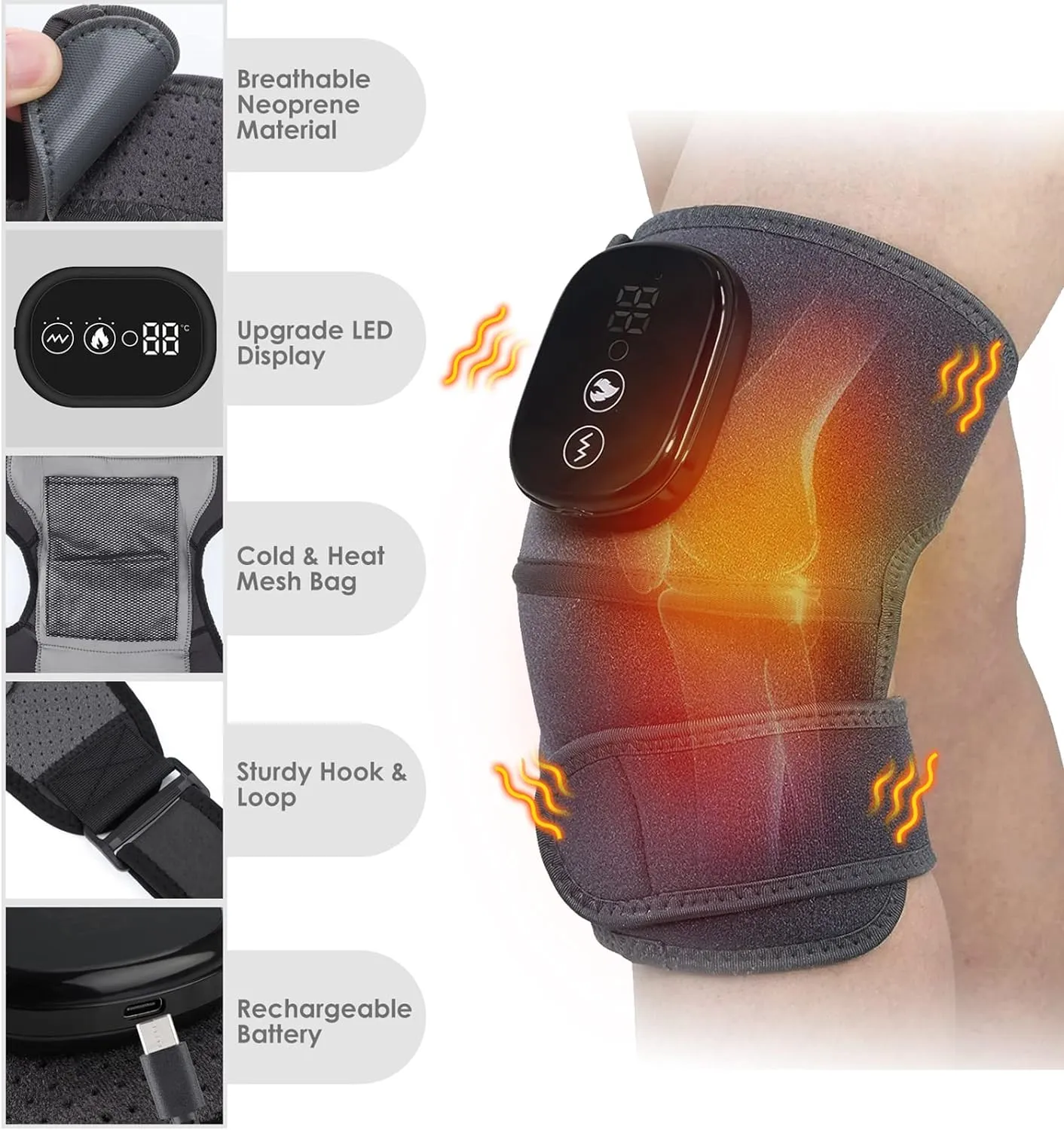 Electric Heating Knee Massager - 3 in 1 with Vibration Cordless Rechargeable Heating Knee Warmers Wrap for Shoulder Elbow