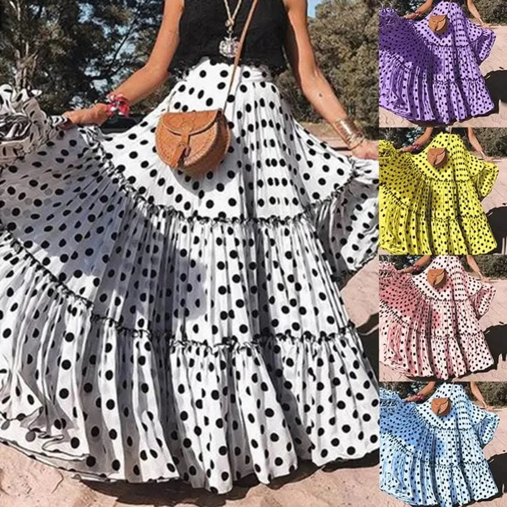 Elegant High Waist Polka Dot Ruffle Maxi Skirt for Women