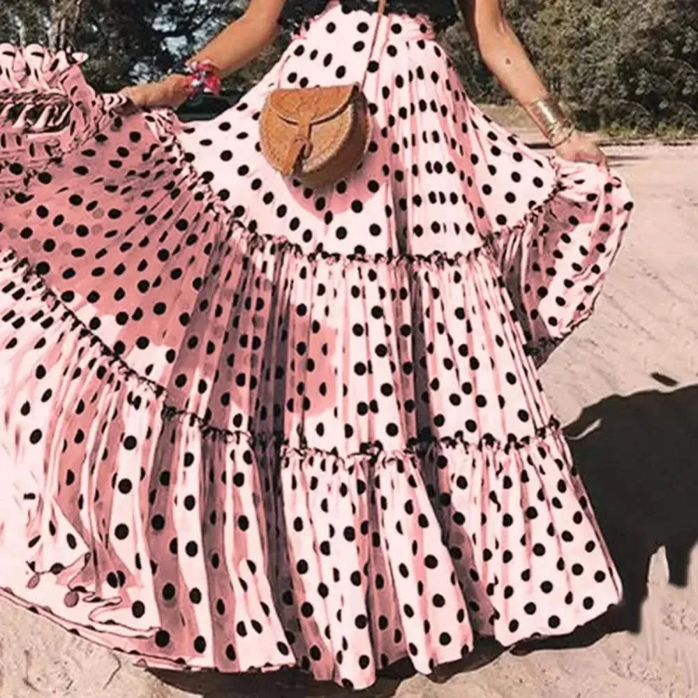 Elegant High Waist Polka Dot Ruffle Maxi Skirt for Women