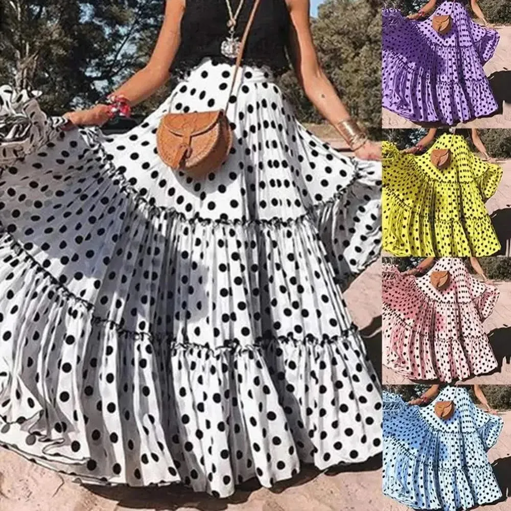 Elegant High Waist Polka Dot Ruffle Maxi Skirt for Women