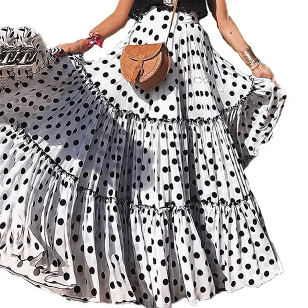 Elegant High Waist Polka Dot Ruffle Maxi Skirt for Women