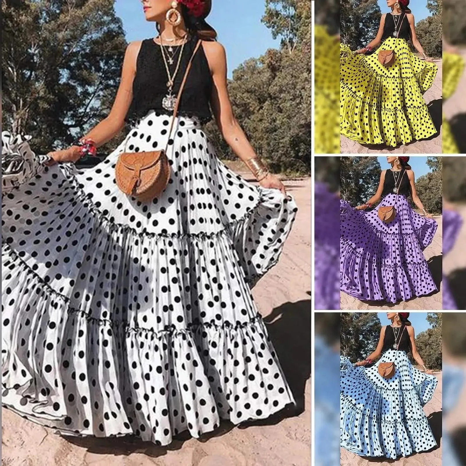 Elegant High Waist Polka Dot Ruffle Maxi Skirt for Women