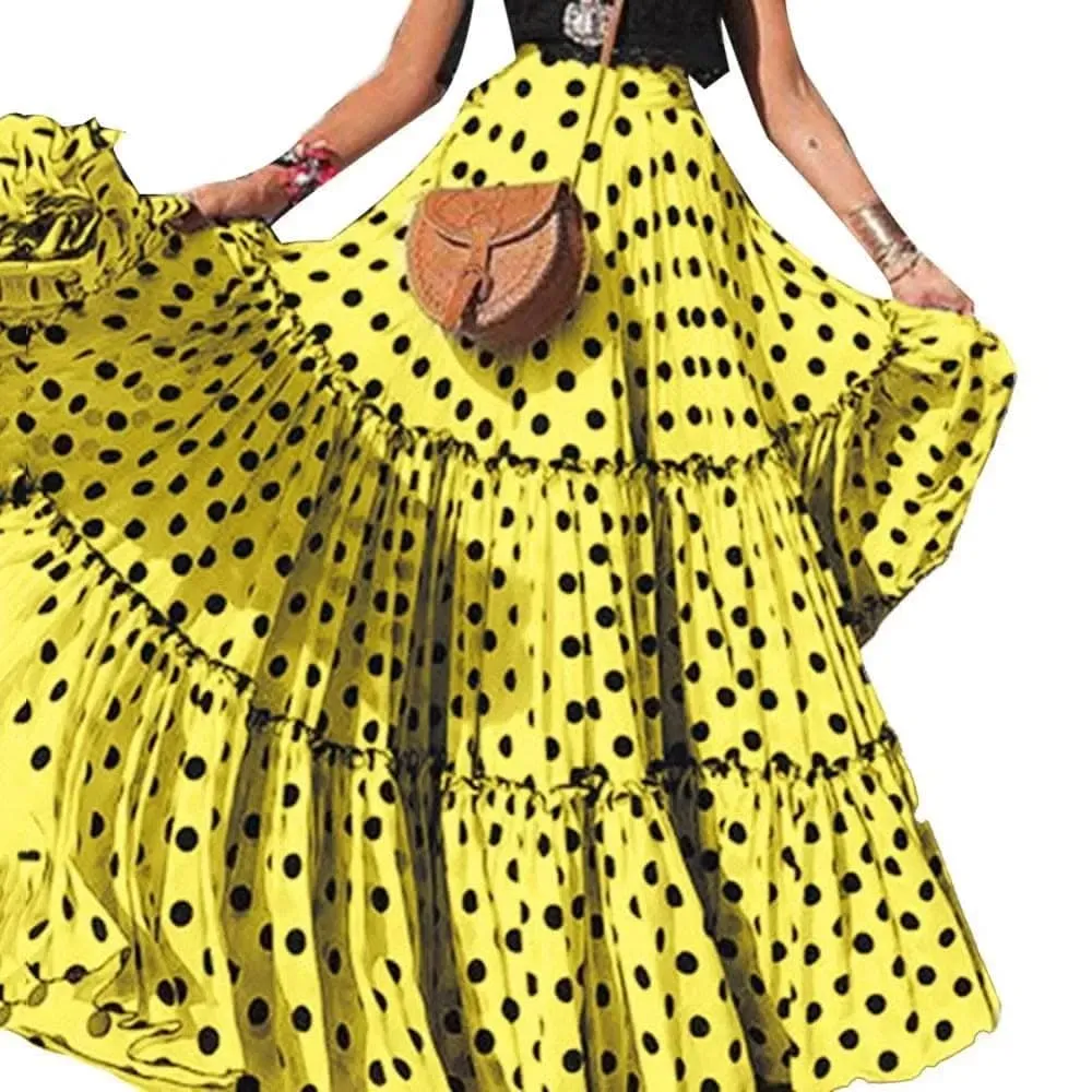 Elegant High Waist Polka Dot Ruffle Maxi Skirt for Women