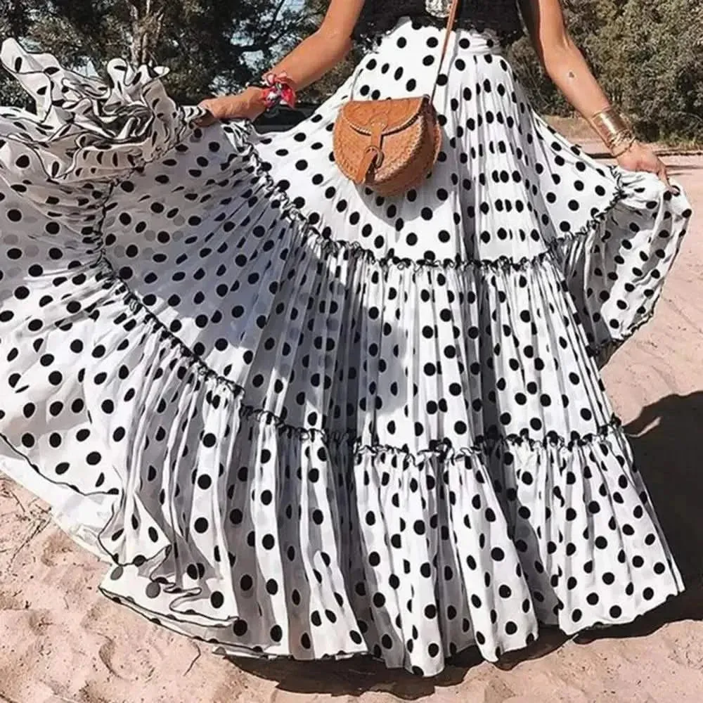 Elegant High Waist Polka Dot Ruffle Maxi Skirt for Women