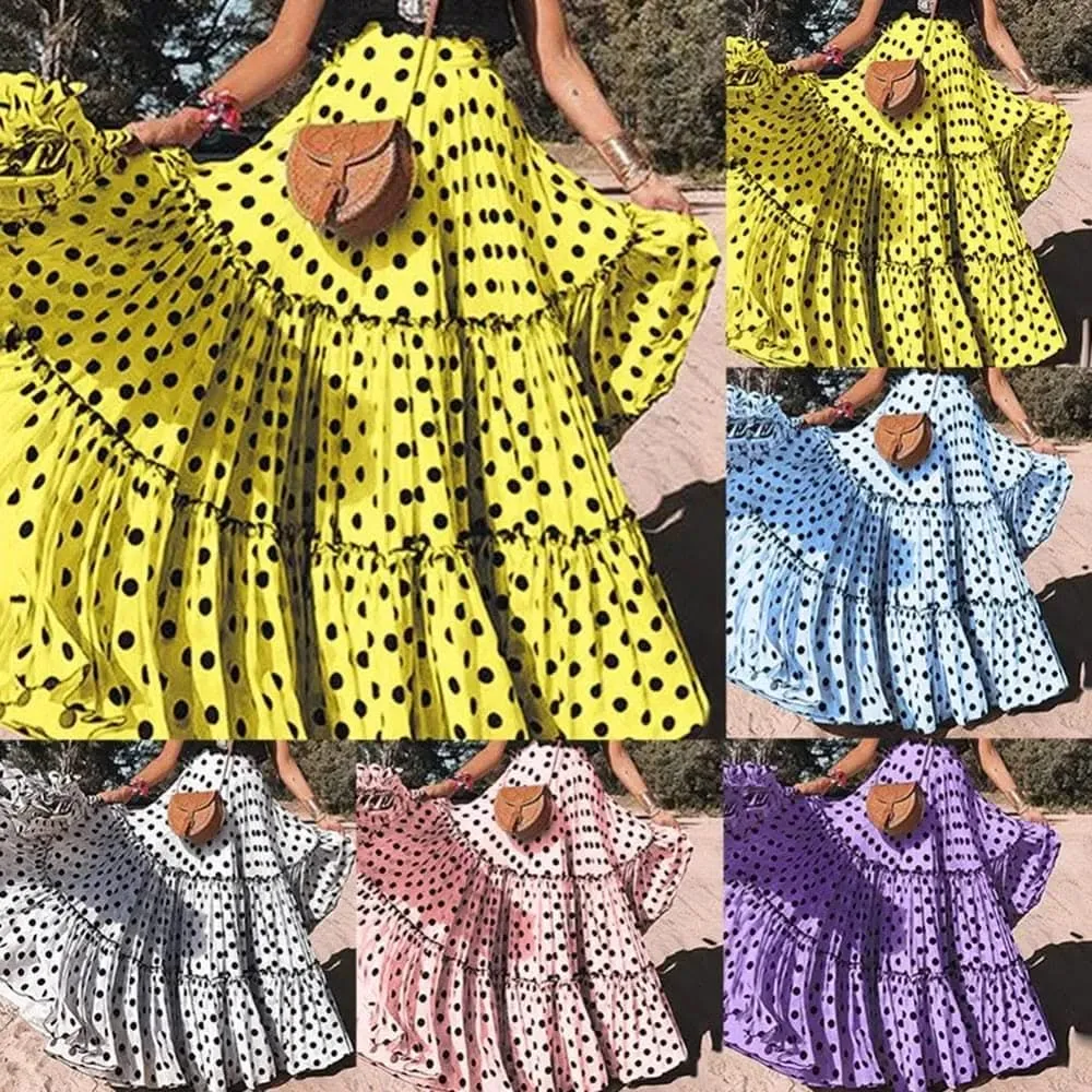 Elegant High Waist Polka Dot Ruffle Maxi Skirt for Women