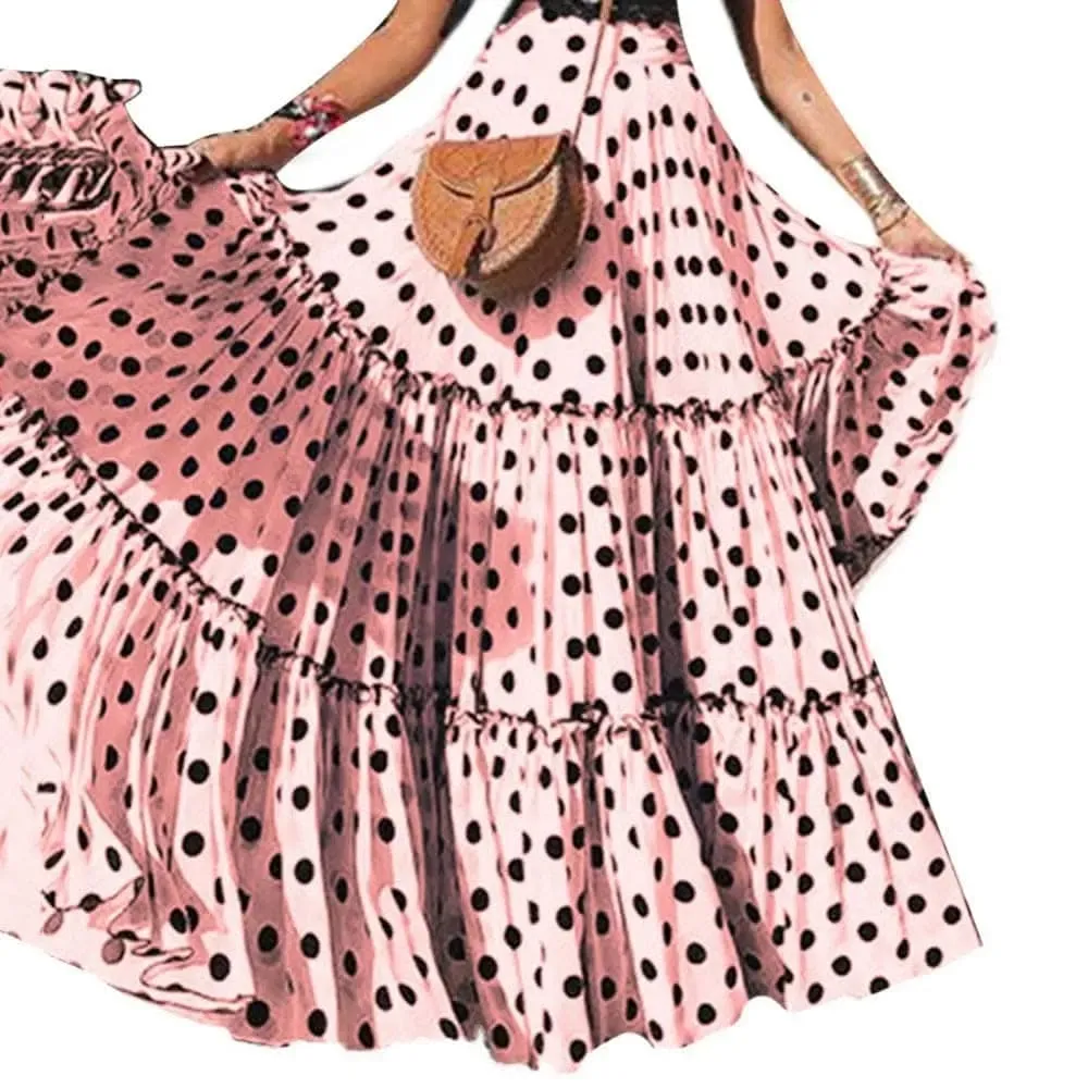 Elegant High Waist Polka Dot Ruffle Maxi Skirt for Women