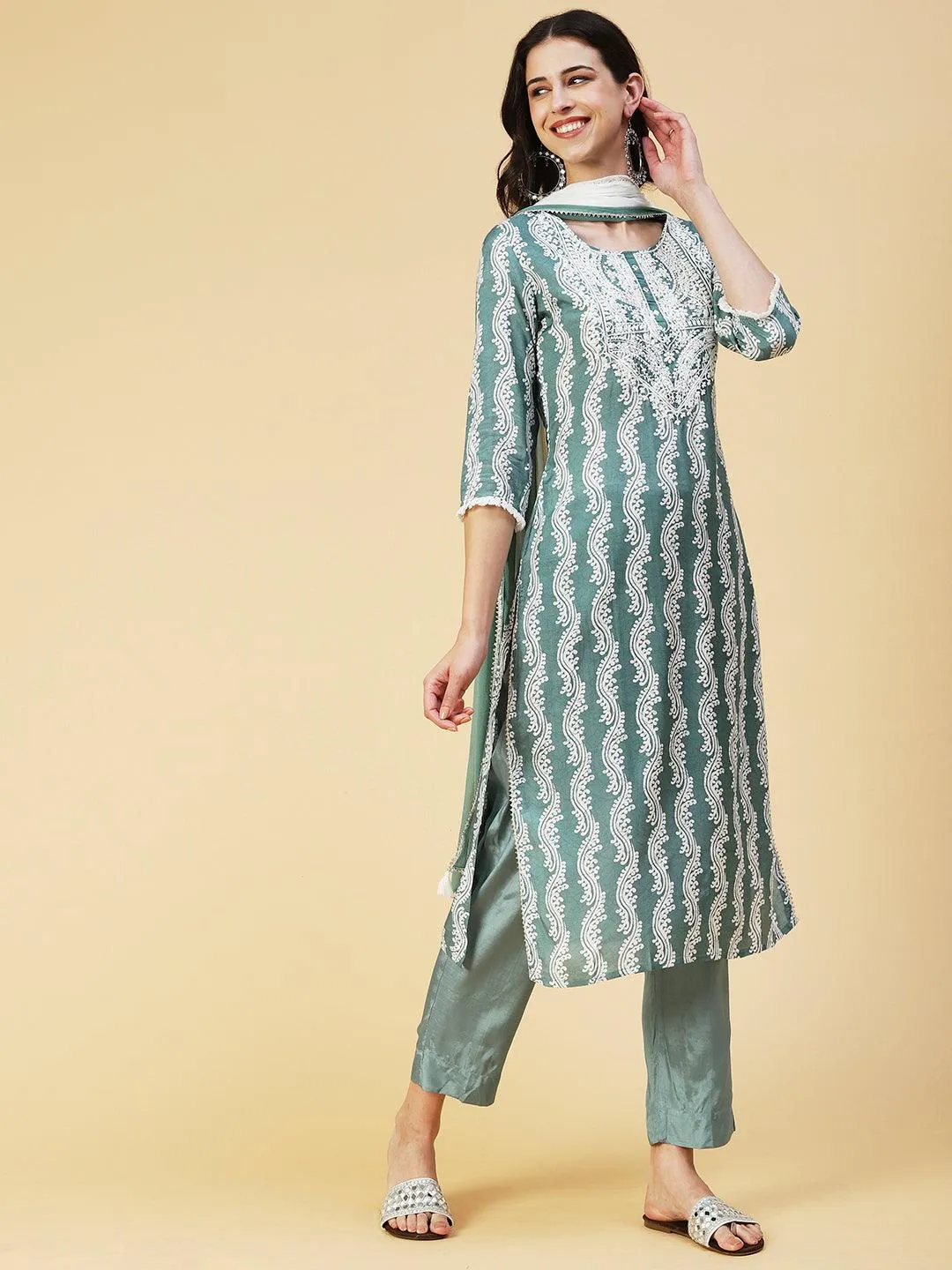 Ethnic Printed Mirror Embroidered Kurta With Pants & Dupatta - Pastel Sea Green