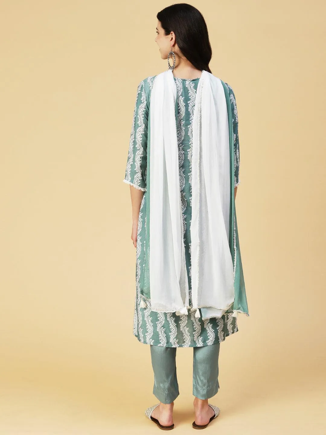 Ethnic Printed Mirror Embroidered Kurta With Pants & Dupatta - Pastel Sea Green