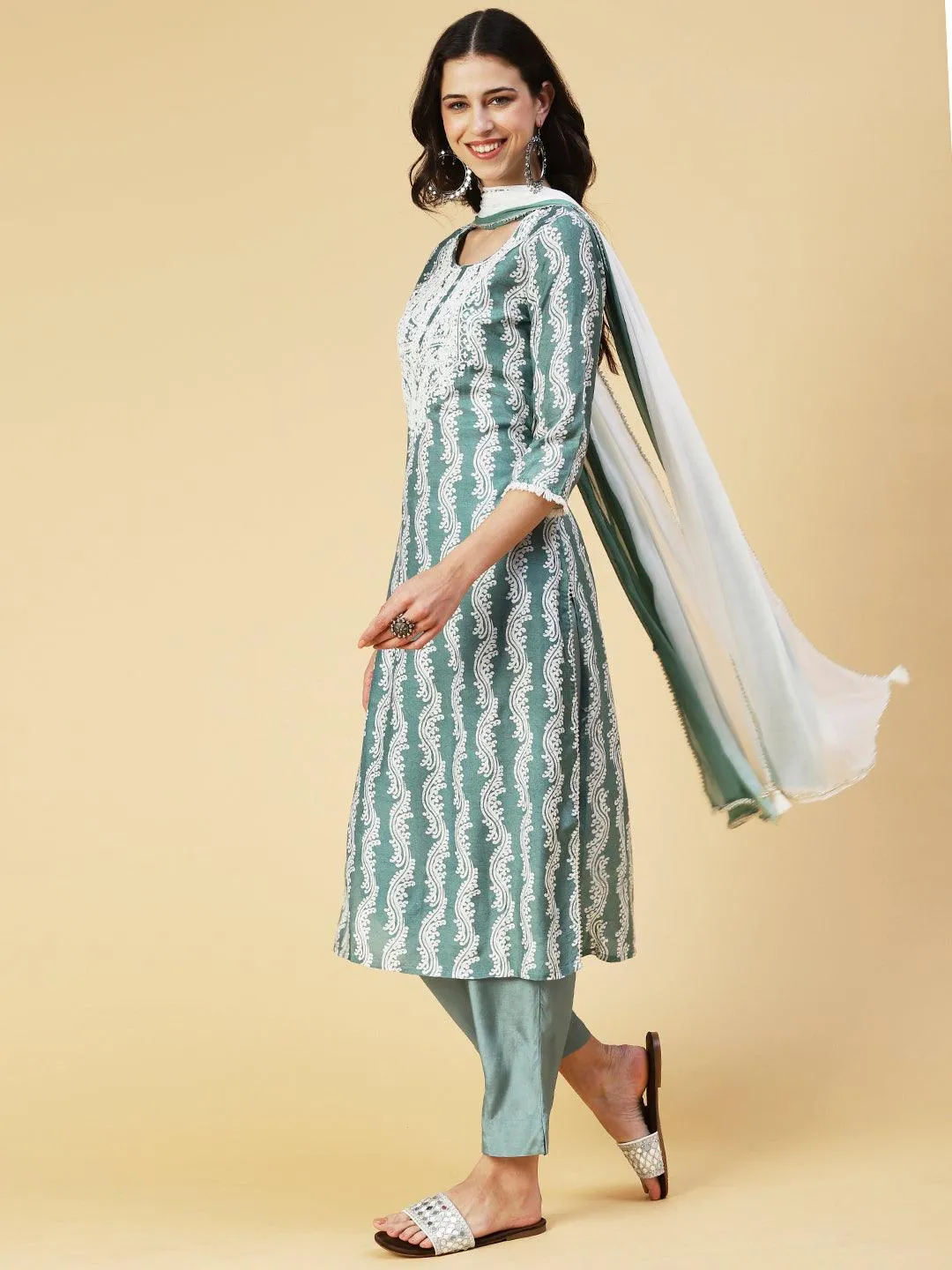 Ethnic Printed Mirror Embroidered Kurta With Pants & Dupatta - Pastel Sea Green