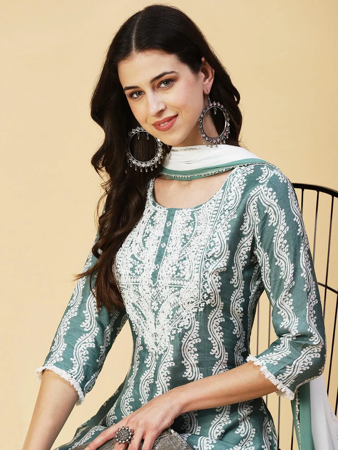 Ethnic Printed Mirror Embroidered Kurta With Pants & Dupatta - Pastel Sea Green