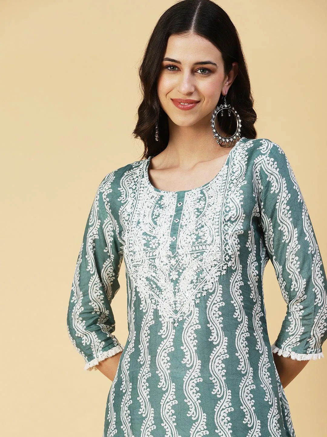 Ethnic Printed Mirror Embroidered Kurta With Pants & Dupatta - Pastel Sea Green