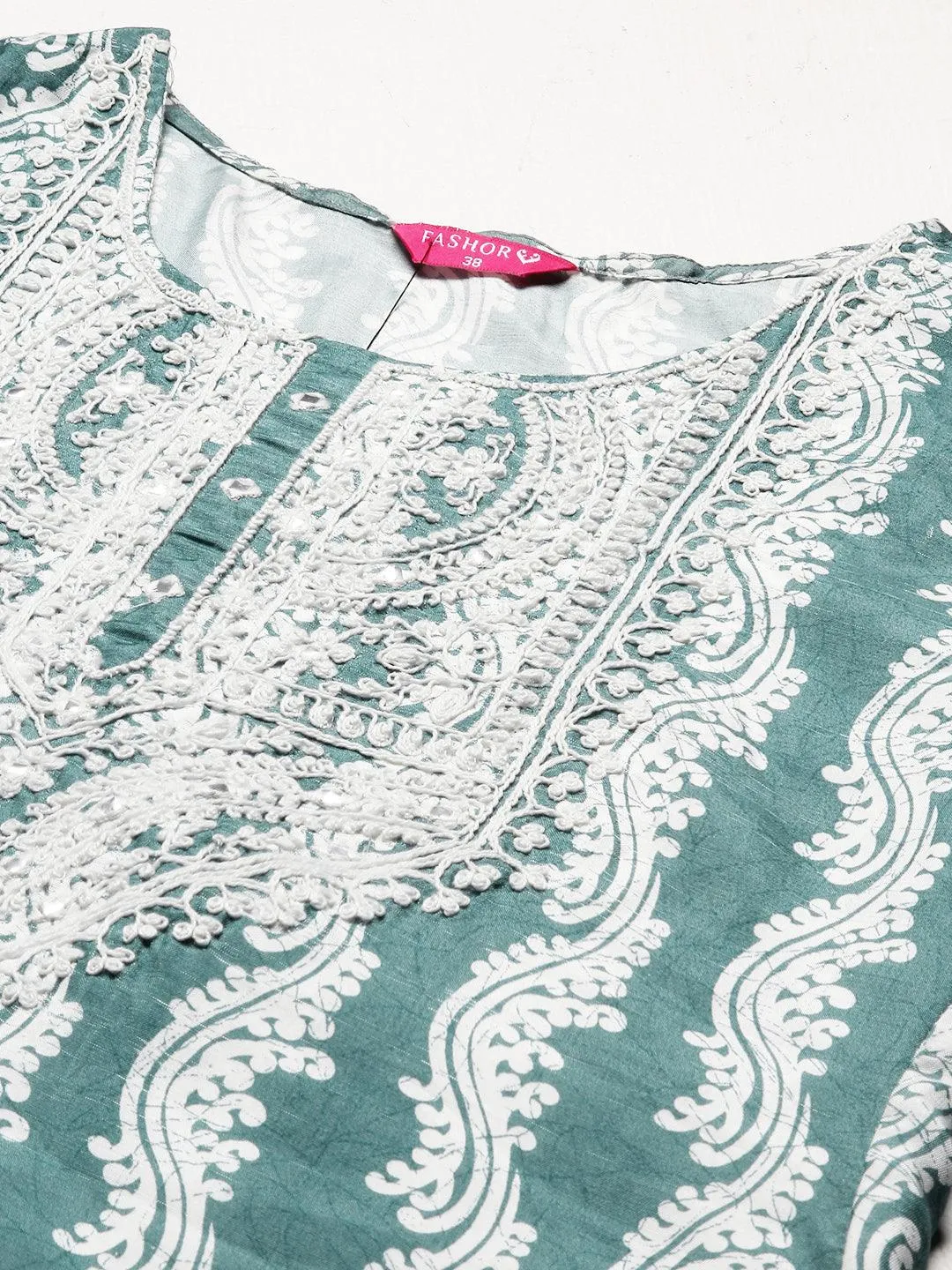 Ethnic Printed Mirror Embroidered Kurta With Pants & Dupatta - Pastel Sea Green