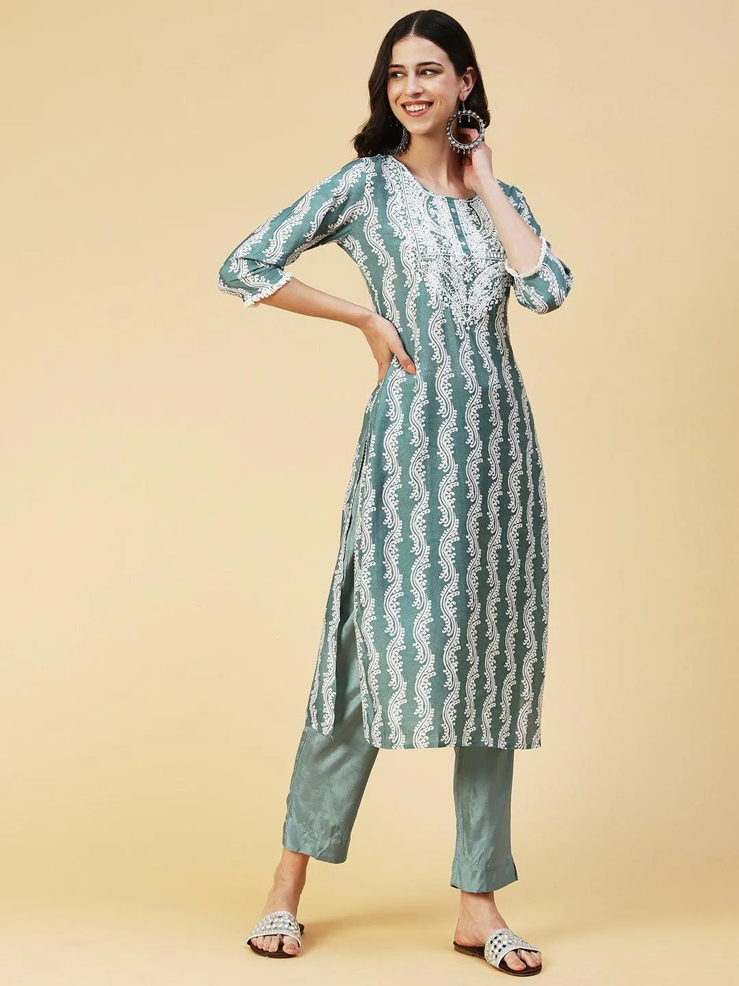 Ethnic Printed Mirror Embroidered Kurta With Pants & Dupatta - Pastel Sea Green