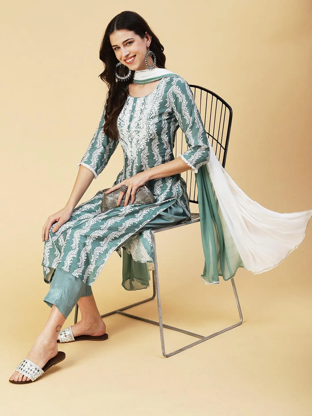 Ethnic Printed Mirror Embroidered Kurta With Pants & Dupatta - Pastel Sea Green