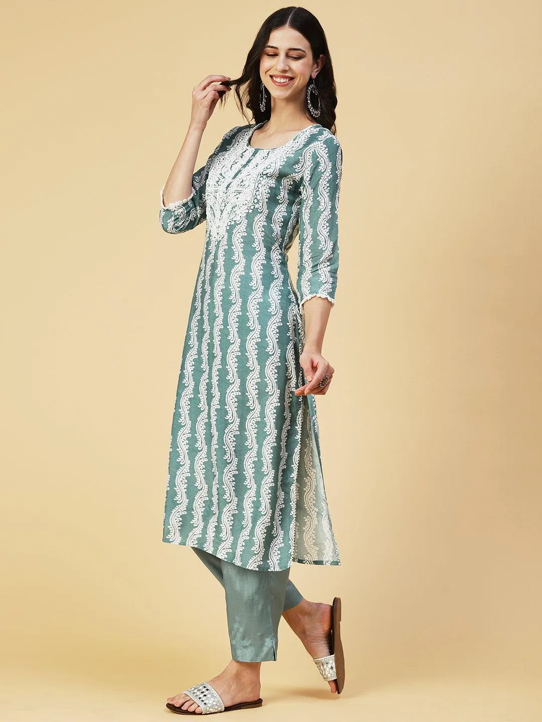 Ethnic Printed Mirror Embroidered Kurta With Pants & Dupatta - Pastel Sea Green