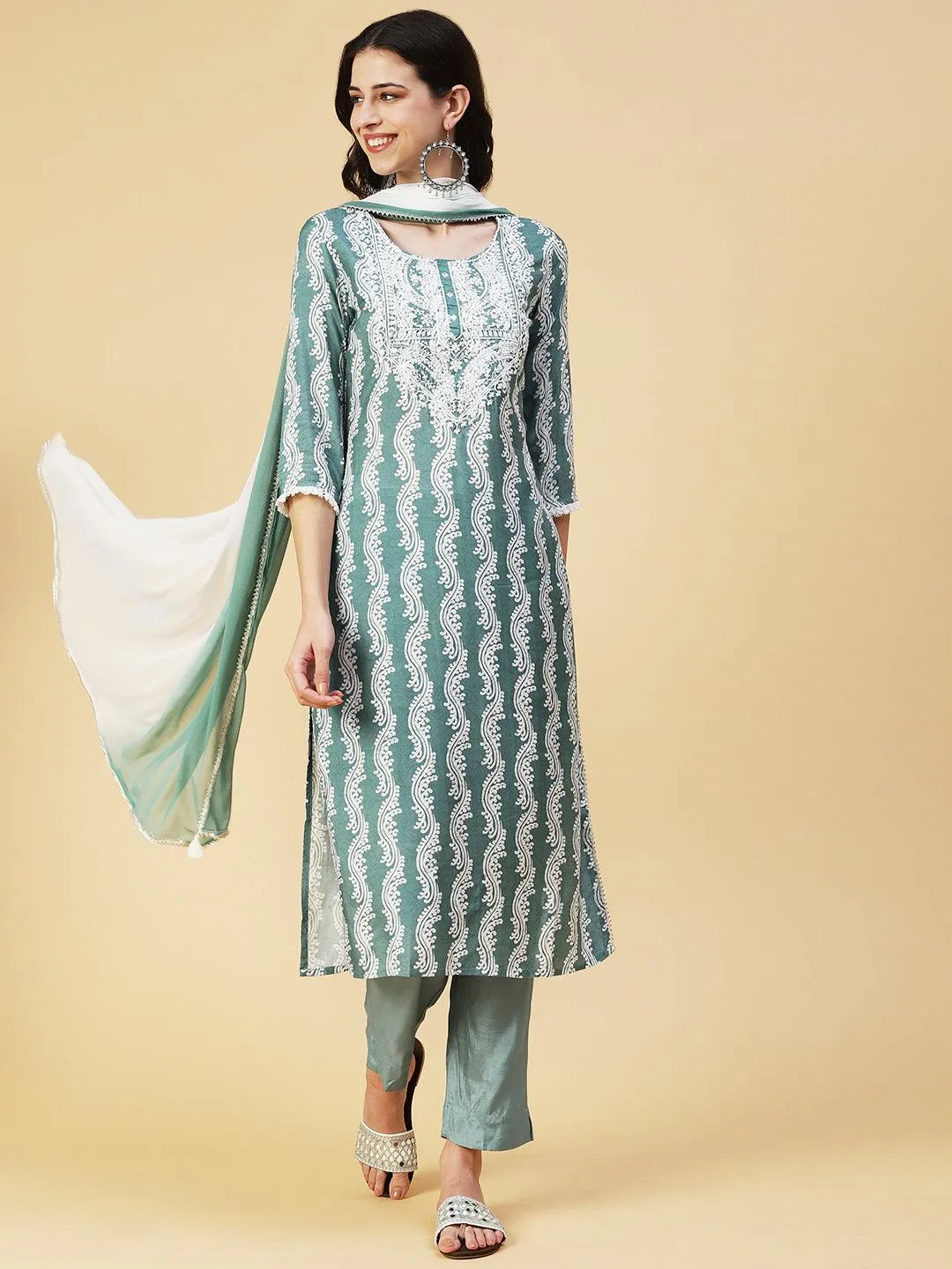 Ethnic Printed Mirror Embroidered Kurta With Pants & Dupatta - Pastel Sea Green