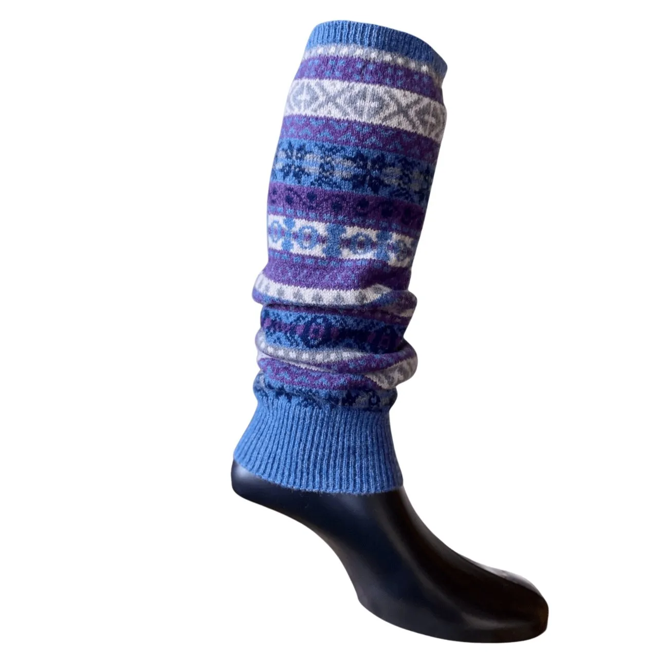 Fair Isle Knit Lambswool Leg Warmers - Denim Blue