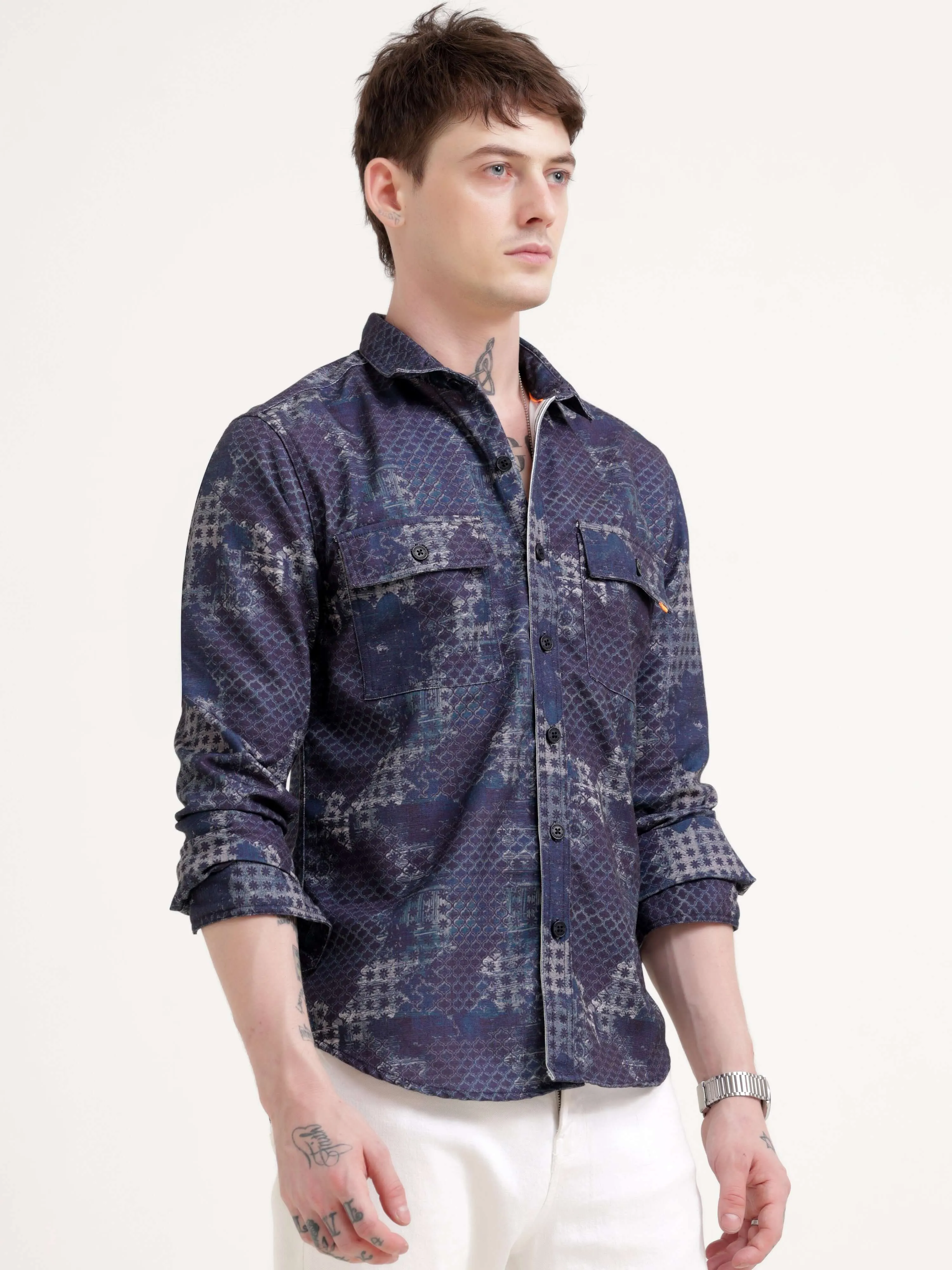 Geometric Print Indigo Overshirt