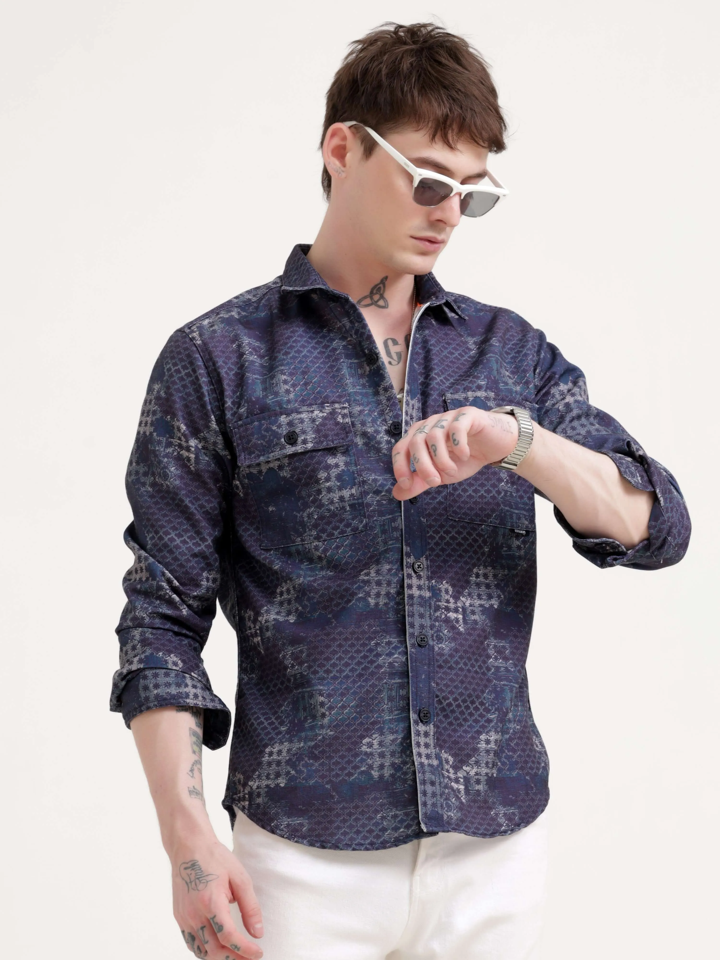 Geometric Print Indigo Overshirt