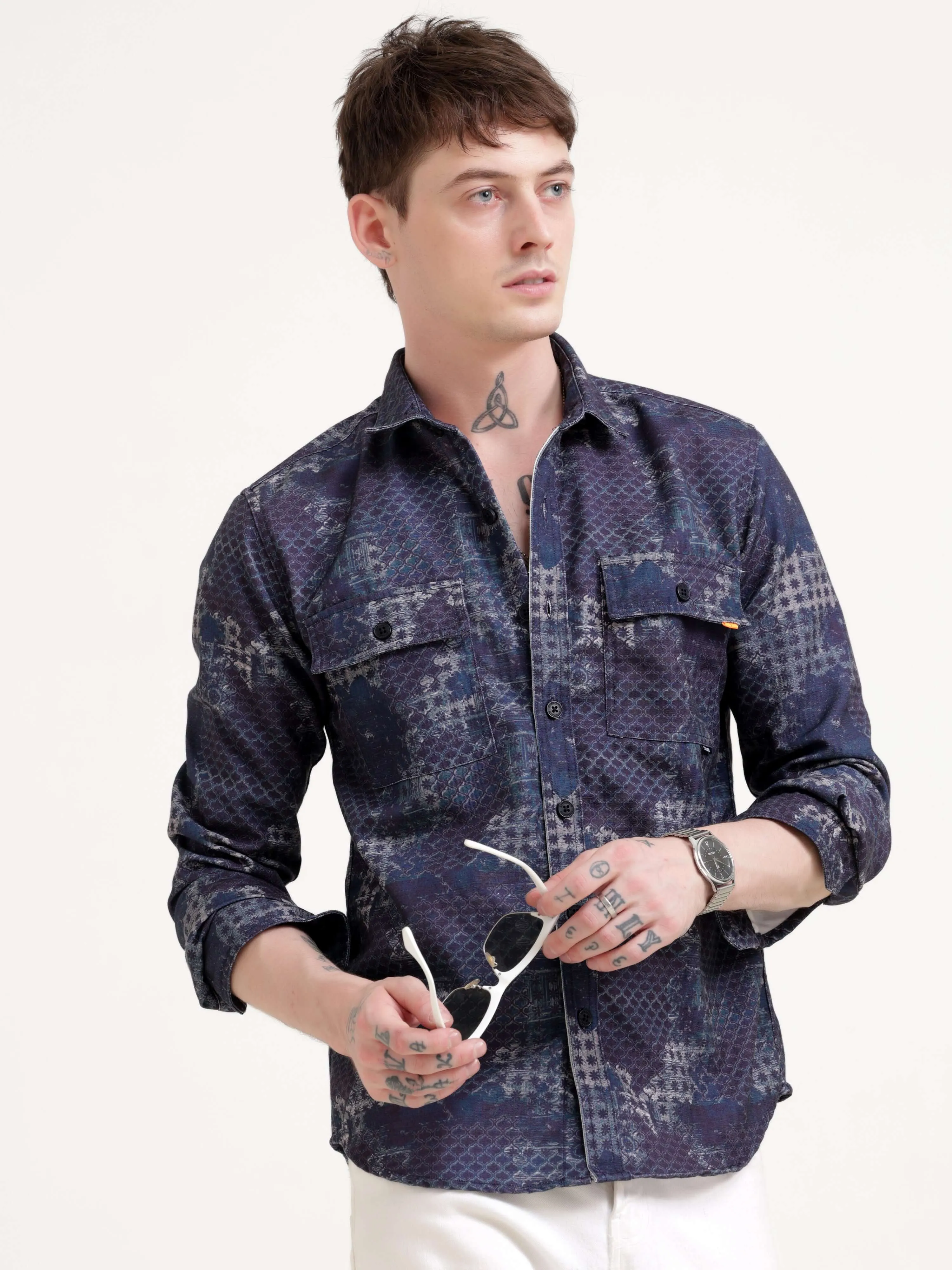 Geometric Print Indigo Overshirt