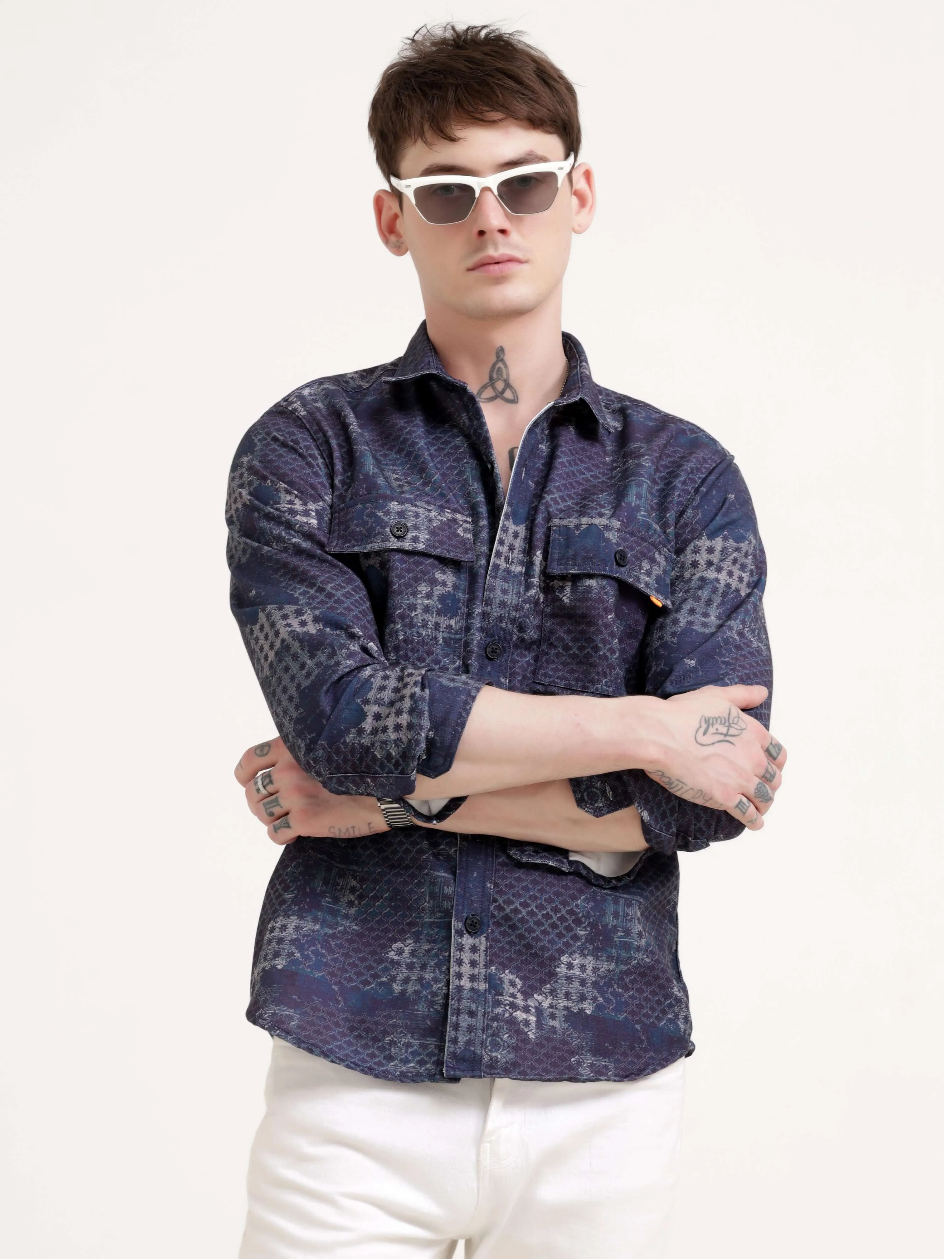 Geometric Print Indigo Overshirt