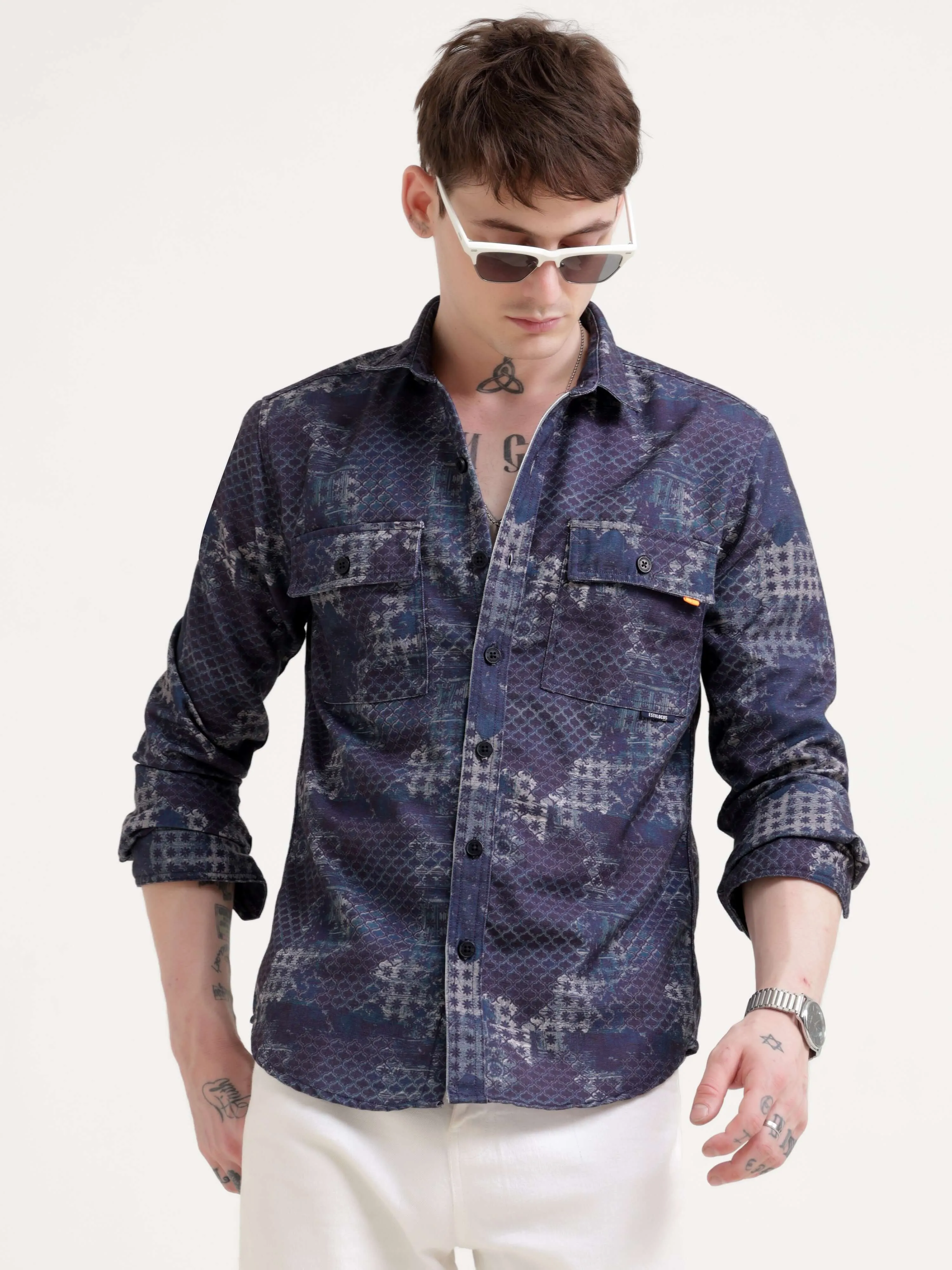 Geometric Print Indigo Overshirt