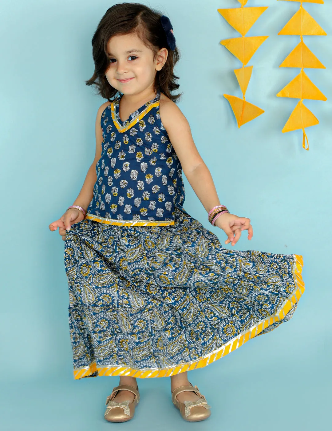 Girl's Blue Color Fusion Wear Top With Long Skirt Set - KID1 Girls