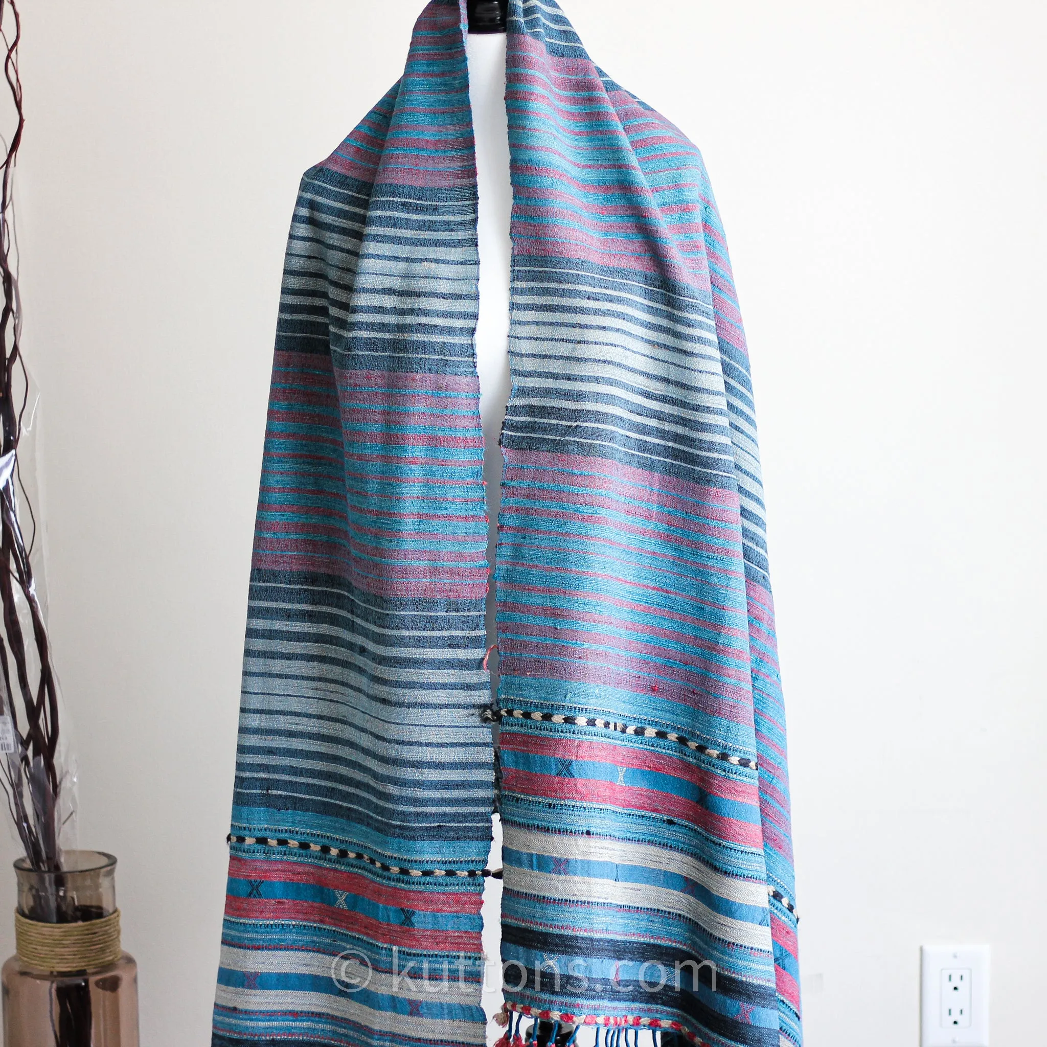 Handwoven Tussar Silk & Merino Wool Shawl - Long Tassels, Striped Pattern | Blue-Pink, 39x86"