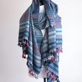 Handwoven Tussar Silk & Merino Wool Shawl - Long Tassels, Striped Pattern | Blue-Pink, 39x86"