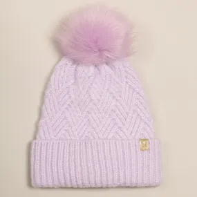 Hat | Lavender Chevron Knit Cuff Beanie w Faux Fur Pom | Fashion City