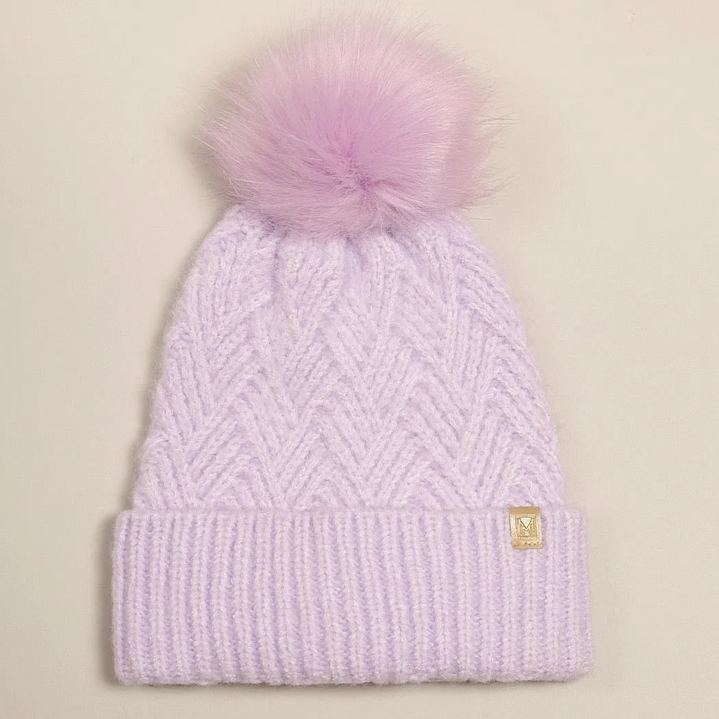 Hat | Lavender Chevron Knit Cuff Beanie w Faux Fur Pom | Fashion City