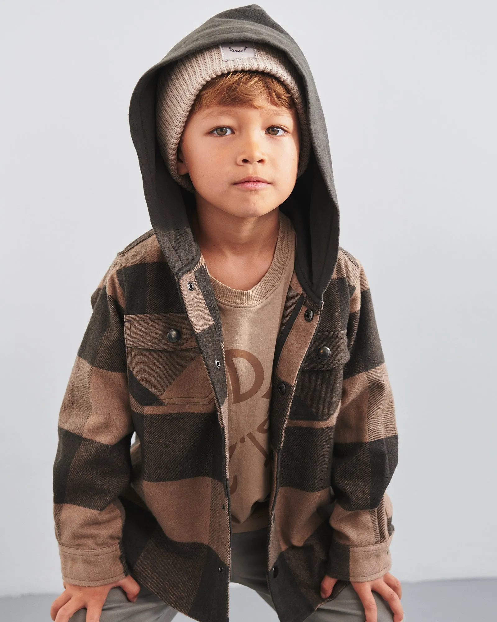 Hooded Plaid Shacket - Kids - Dark Beige/Grey Melange