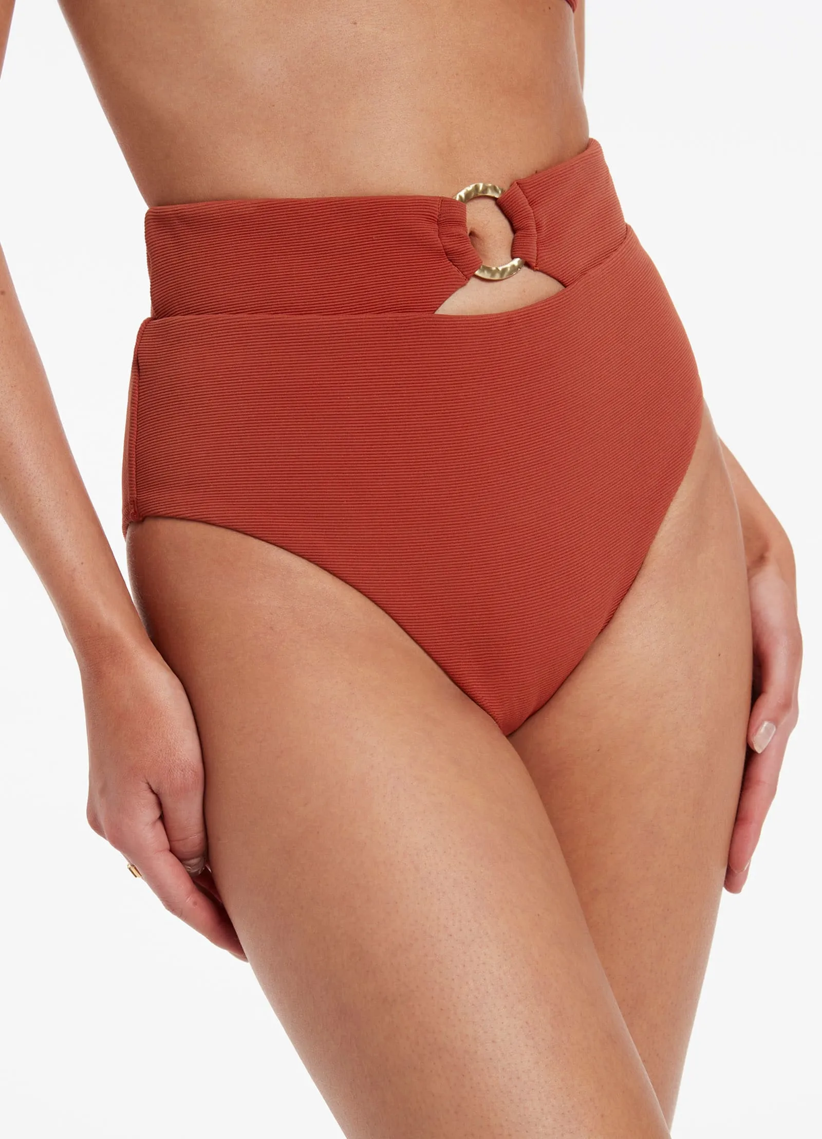 Isla Rib High Waist Trim Bikini Bottom - Russet