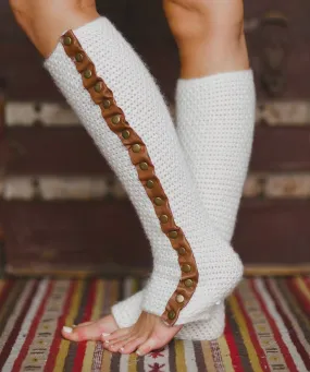 Ivory Leg Warmers Leather Trim Thick Warm Waffle Knit With Brown Genuine Cowhide Accents Brass Snaps