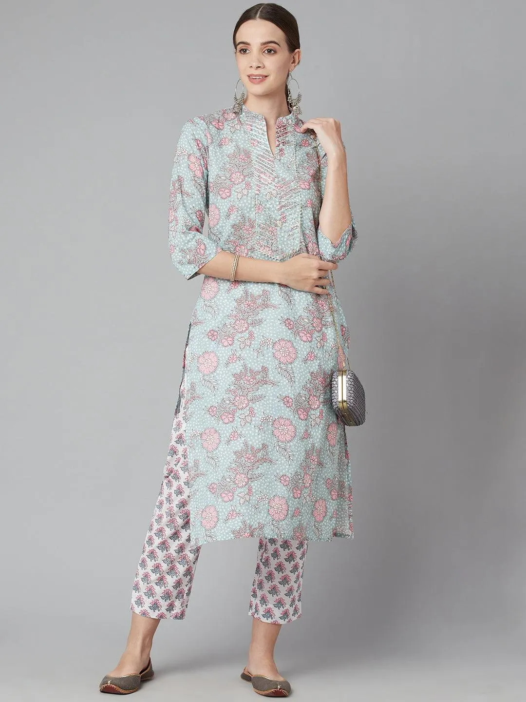 Jashvi Grey Pastel floral Printed Cotton kurta pant set