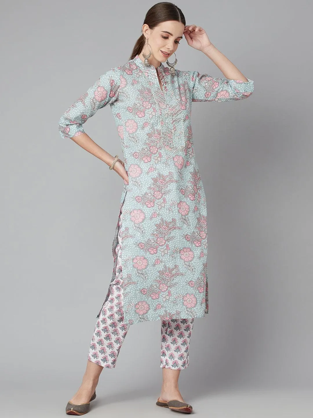 Jashvi Grey Pastel floral Printed Cotton kurta pant set