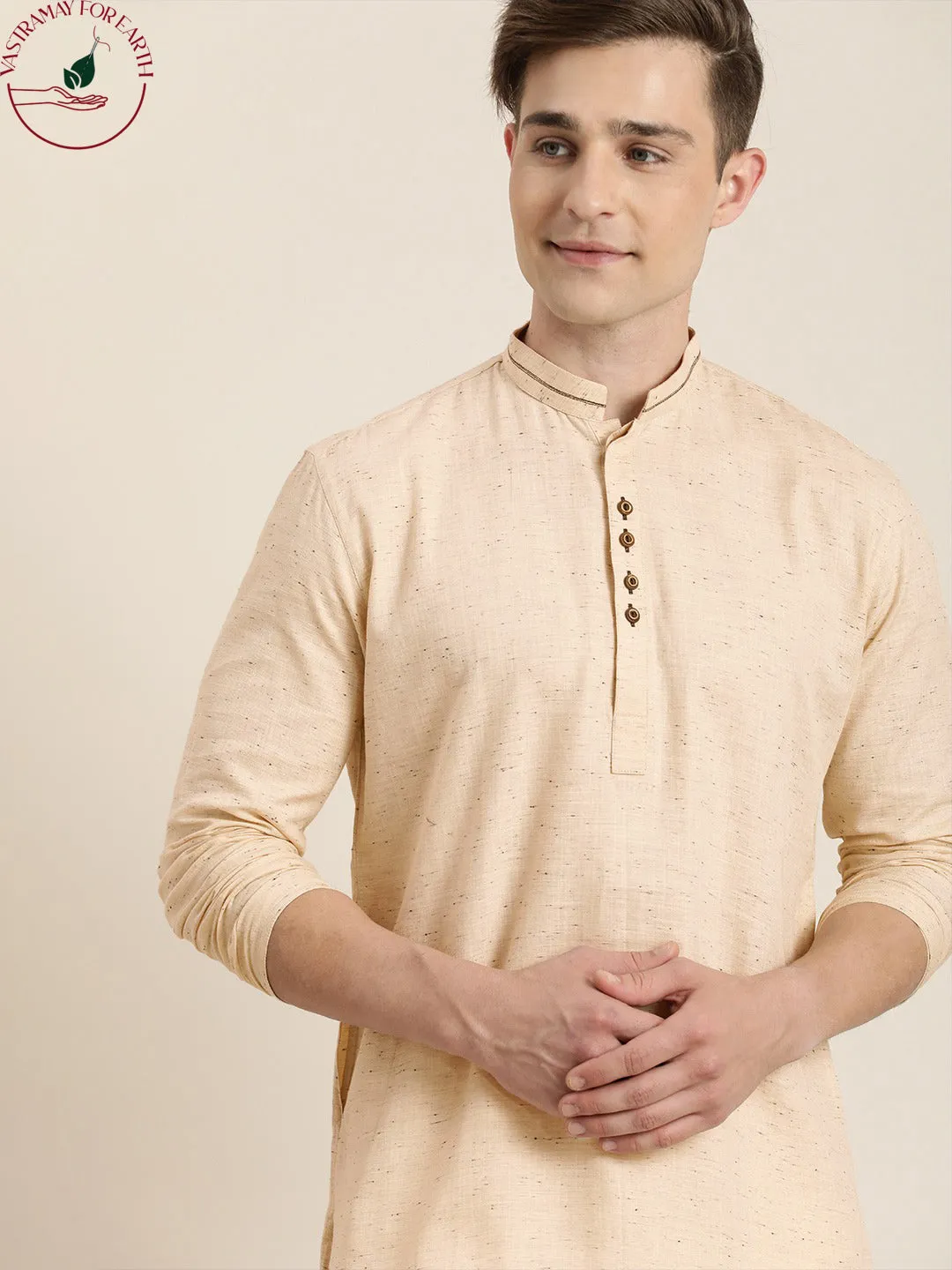 Jashvi Men's Beige Pure Cotton Short Kurta